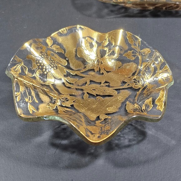 Vtg Set of 2 Ricco Verre Midcentury Hollywood Regency 22k Gold Trinket Dishes - Picture 3 of 10